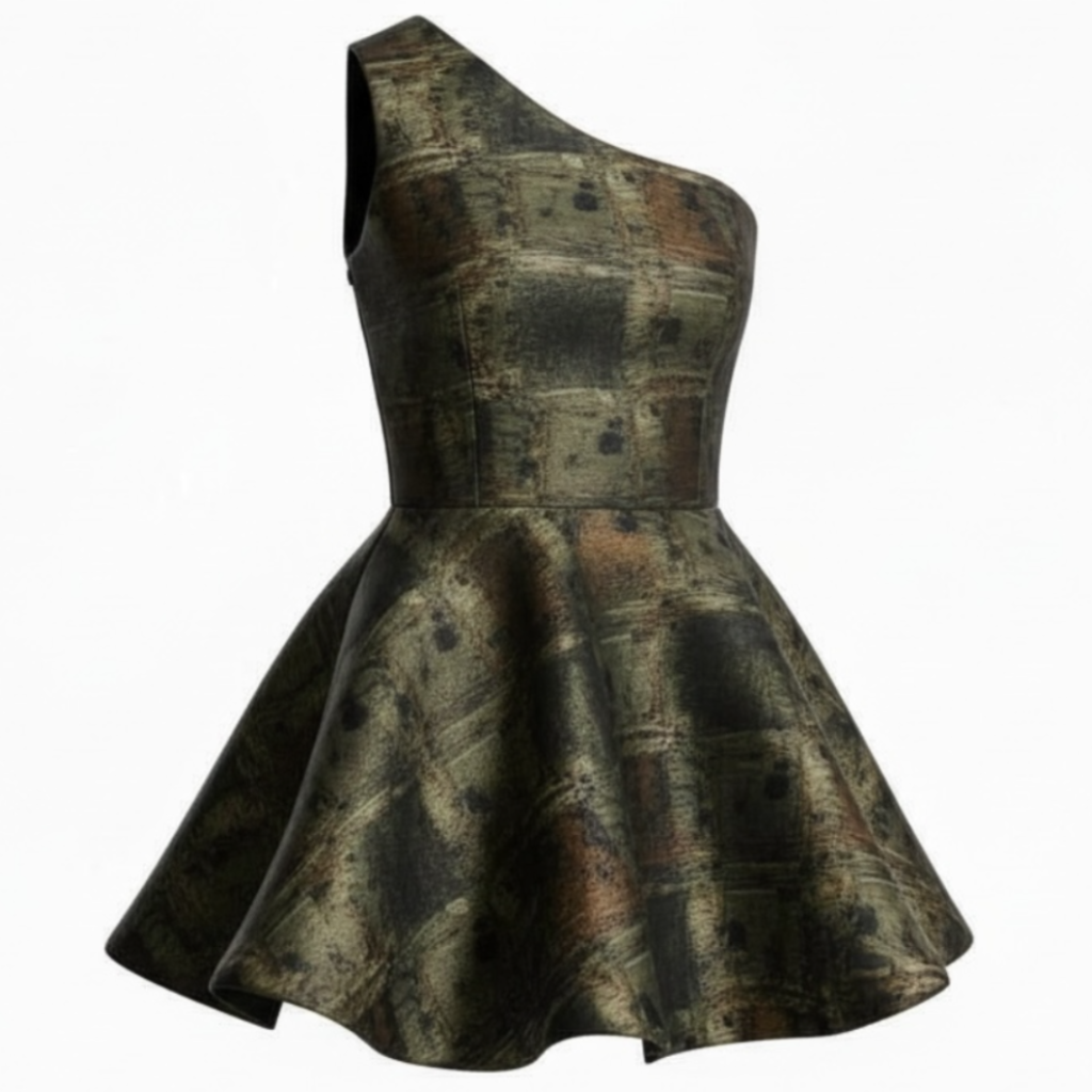 One-shoulder dress with a textured pattern on a white background