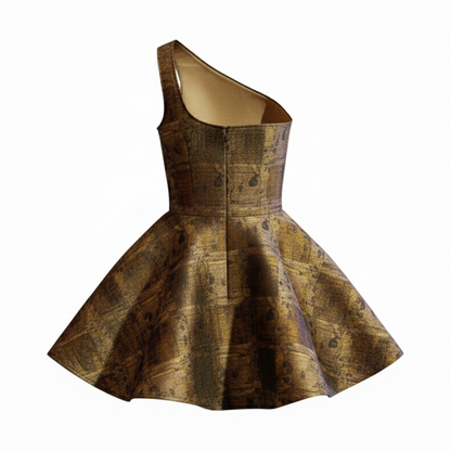 back view of the one-shoulder patterned bark painter dress by 14th pharaoh apparel with a brown pattern on a white background
