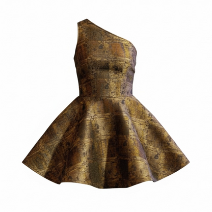 front view of Brown patterned bark painter dress by 14th pharaoh apparel  one-shoulder strapless dress on a white background